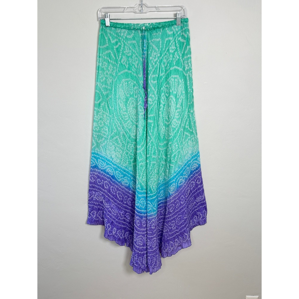 Cute Options Crinkle Silk Maxi Skirt OS Green Boho Bandhani Tie Dye Flowy Summer
